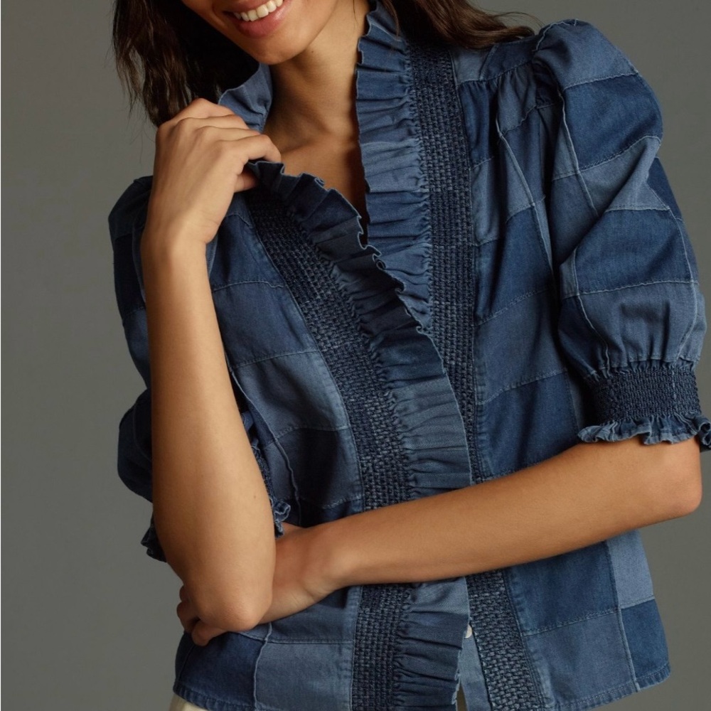 Denim Patchwork blouse with ruffle detail, poet puff-sleeves and high-neck.